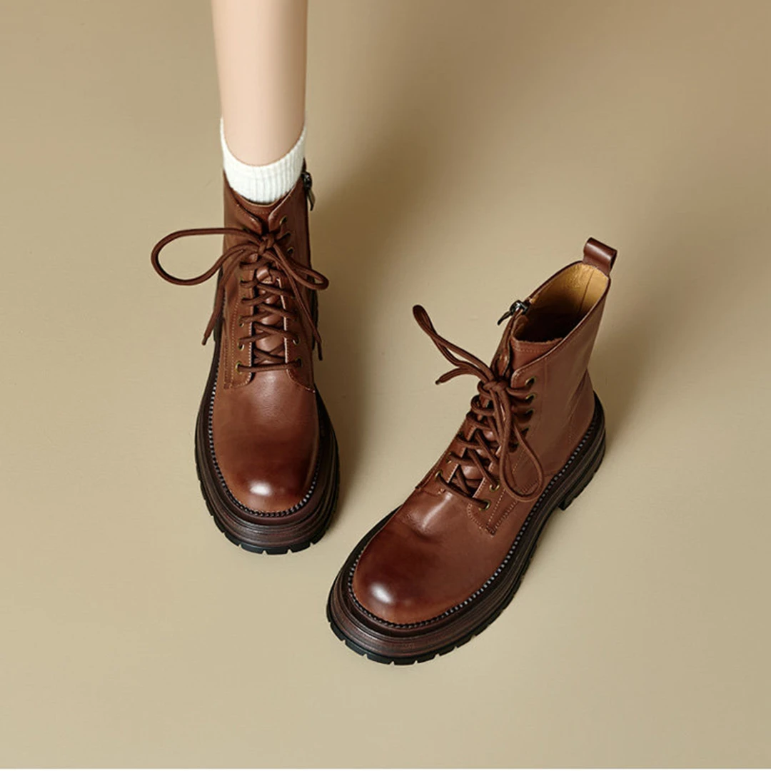 ins镇店之宝！巨好穿~秋冬头层牛皮复古棕色马丁靴女系带厚底短靴