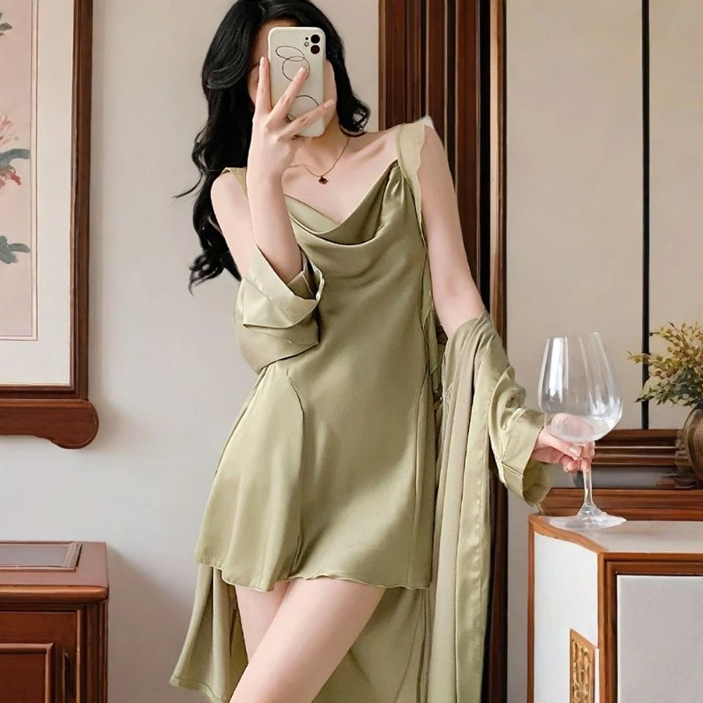 带胸垫夏吊带睡裙睡袍【卡洛】女士收腰蕾丝睡衣柳叶丝薄款诱惑居家