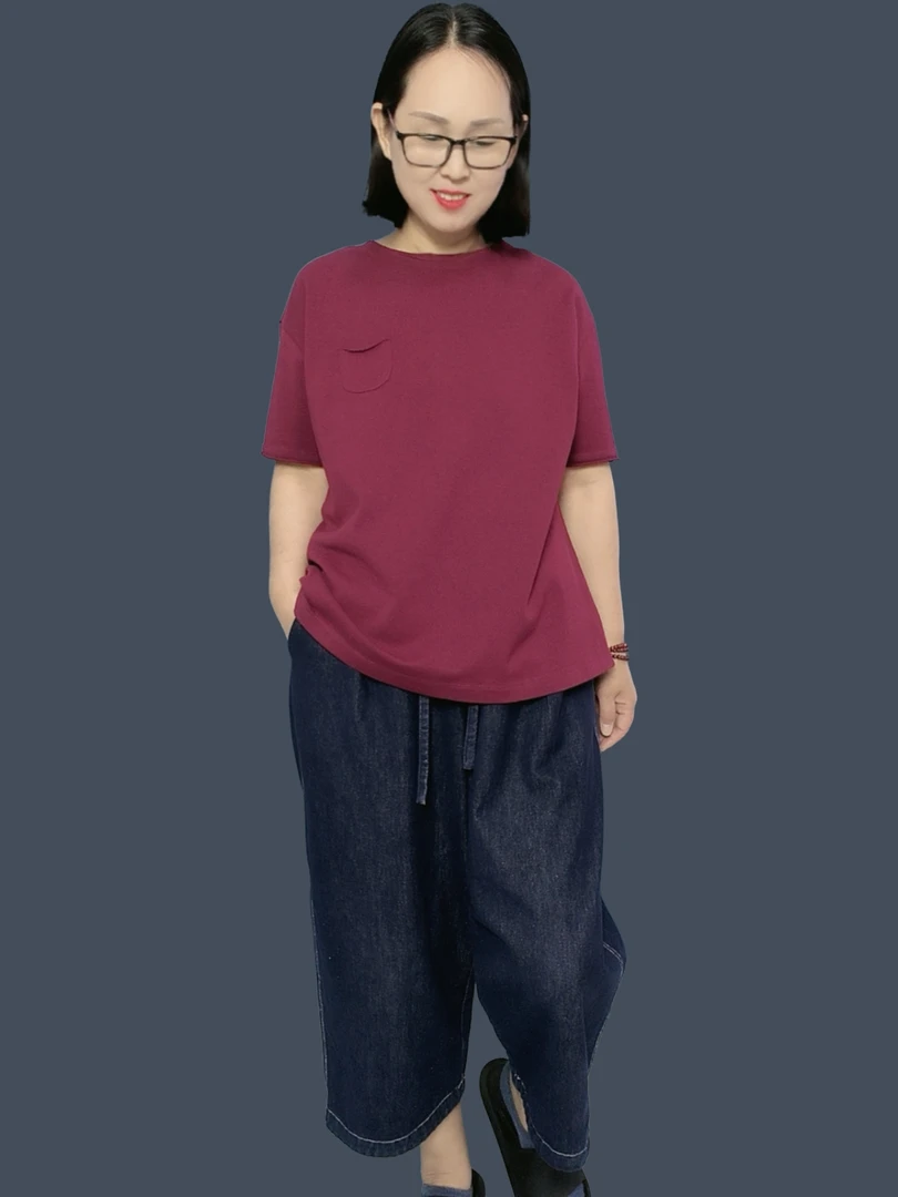 夏季新款红色圆领宽松套头口袋短袖T恤轻盈清凉