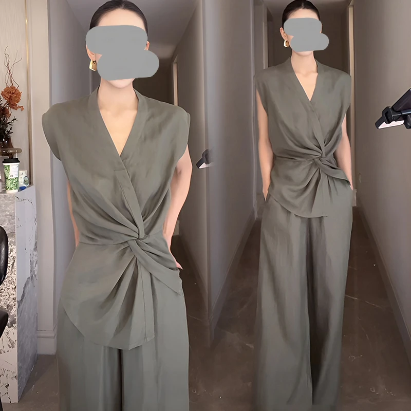 夏季减龄一整套清冷松弛感穿搭韩系慵懒chic高级感绿色上衣套装裤