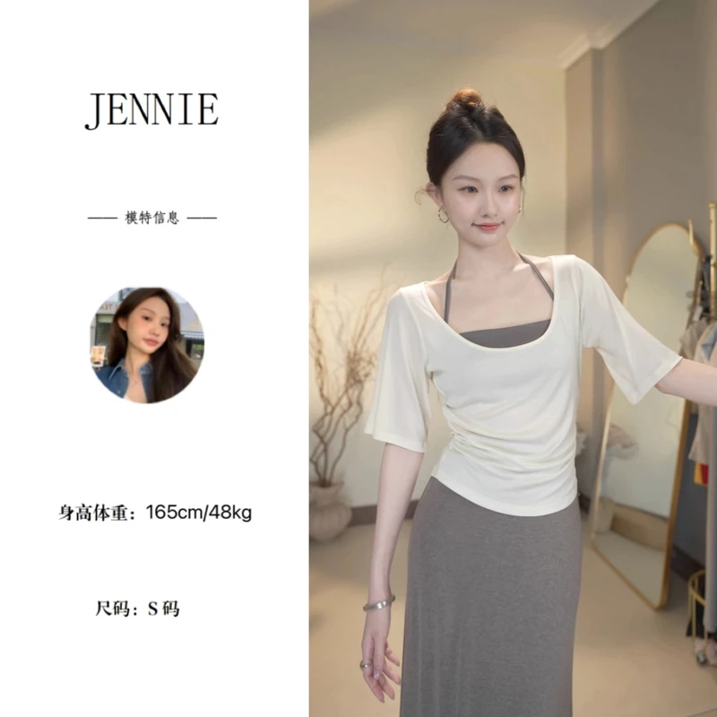 【T恤＋裹胸】两件套裹带胸垫可调节 慵懒宽松大U领薄款T 显瘦显