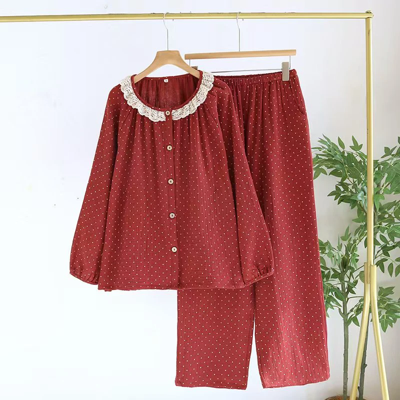 秋季/安哥拉酒红色纯棉长袖甜美波点蕾丝花边家居服套装睡衣