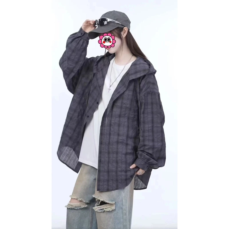 连帽格子长袖衬衫男女潮牌宽松衬衣防晒外套美式复古休闲