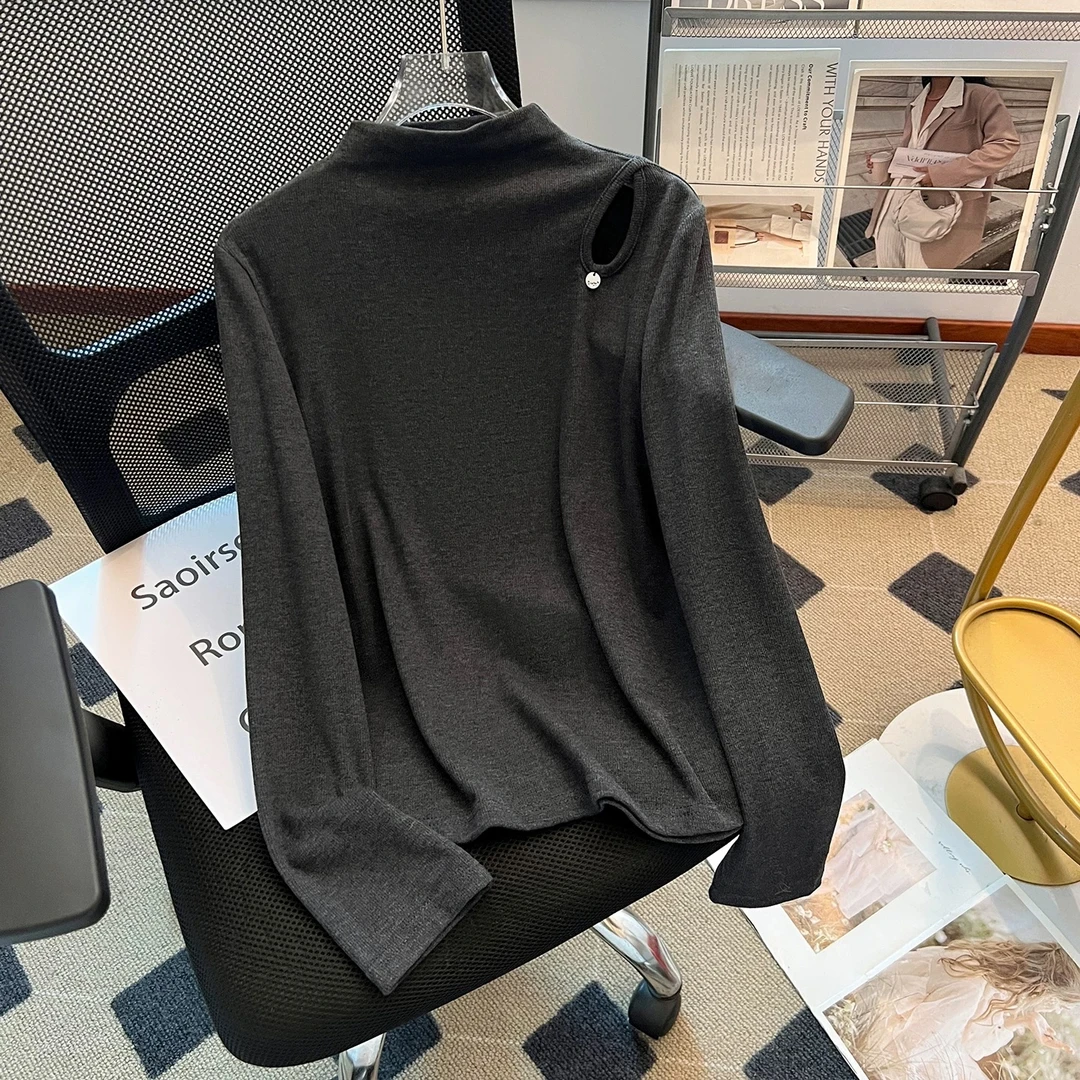 862#秋款时尚纯色半高领长袖T恤打底上衣