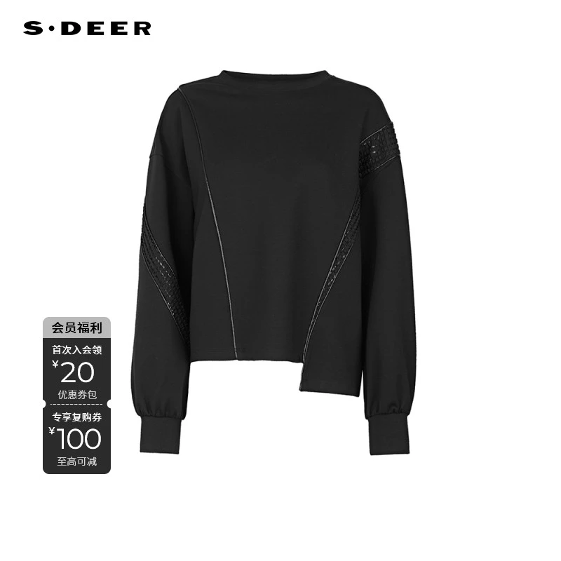 S·DEER圣迪奥简约时尚休闲圆领百搭秋冬女装黑色卫衣S244Z3301