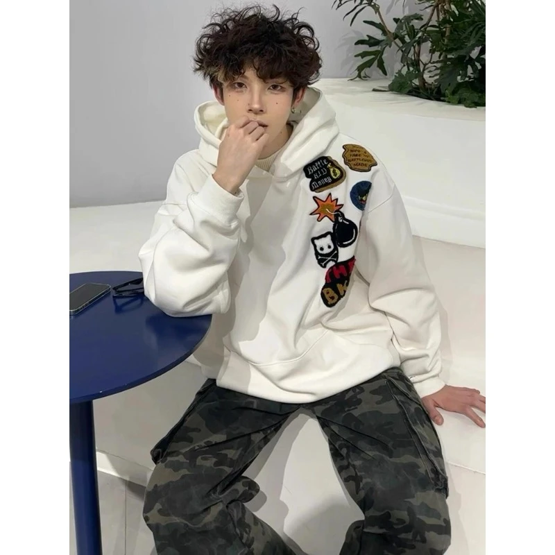 葡萄网球绣刺绣卫衣男款春秋美式高街重磅硬挺连帽衫宽松百搭外套