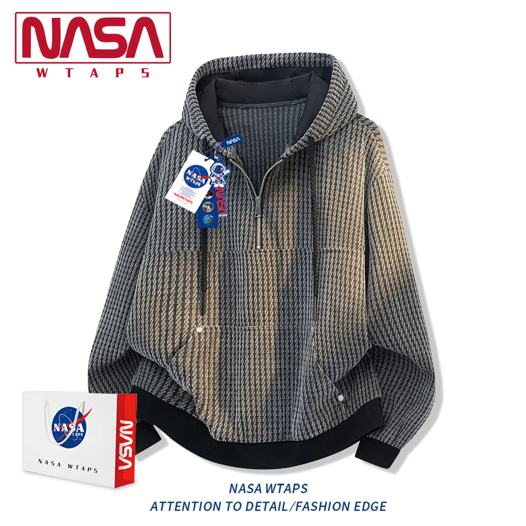 NASA WTAPS雪尼尔半拉链连帽卫衣男款秋季新款大码运动高级感外套