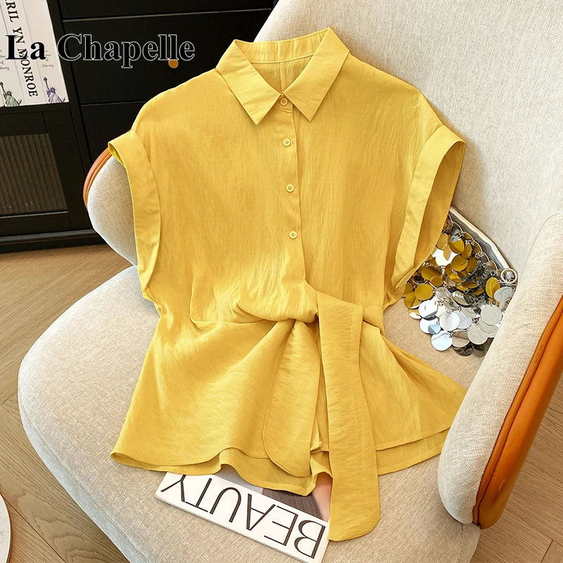 拉夏贝尔黄色衬衫女2025新款中长款上衣女洋气夏季无袖系带衬衣女