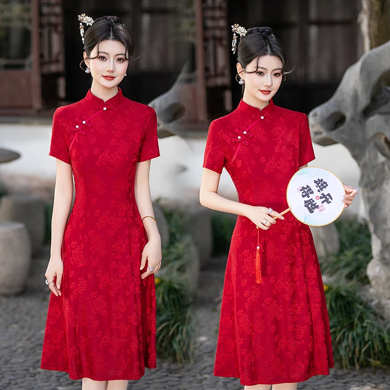 旗开得胜送考红色旗袍女夏季新款显瘦改良中长款年轻喜妈妈连衣裙