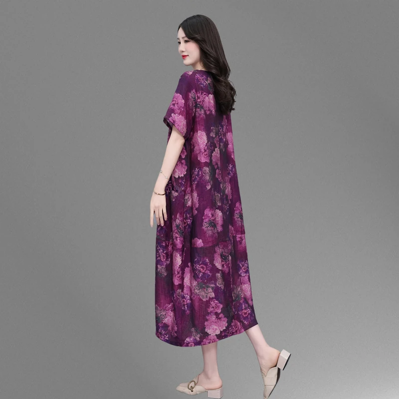 大码宽松连衣裙女夏季新时尚显瘦胖妈妈气质穿搭天丝棉麻花色裙子