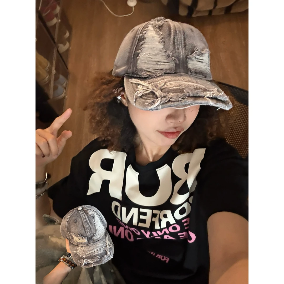 E%亿【洗水牛仔】日式裂纹做旧刺绣重工包边牛仔个性街头遮阳棒球帽