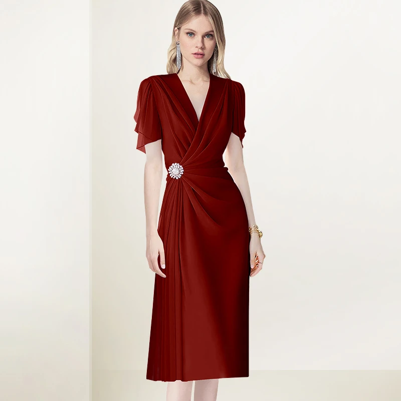 红色短袖连衣裙女2025年夏装新款法式收腰气质褶皱减龄百搭A字裙