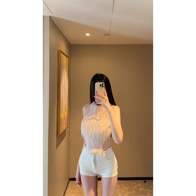 纯欲风辣妹性感蝴蝶结毛毛挂脖背心上衣气质显瘦高腰百搭短裤套装