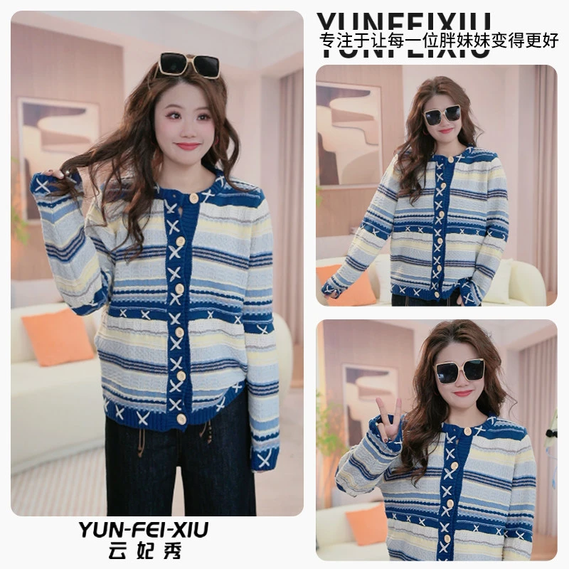 云妃秀大码女装针织衫提花复古条纹时尚宽松显瘦遮肉胖妹妹冬5186