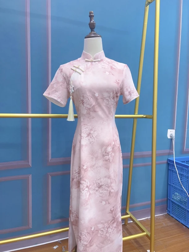 V-2983 花间桃夭 十字嘛 夏款改良旗袍115cm长款