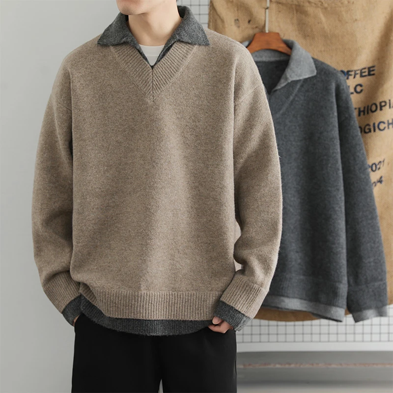 MTVO迈特优秋冬男士假两件翻领POLO领毛衣休闲百搭加厚毛衣8810