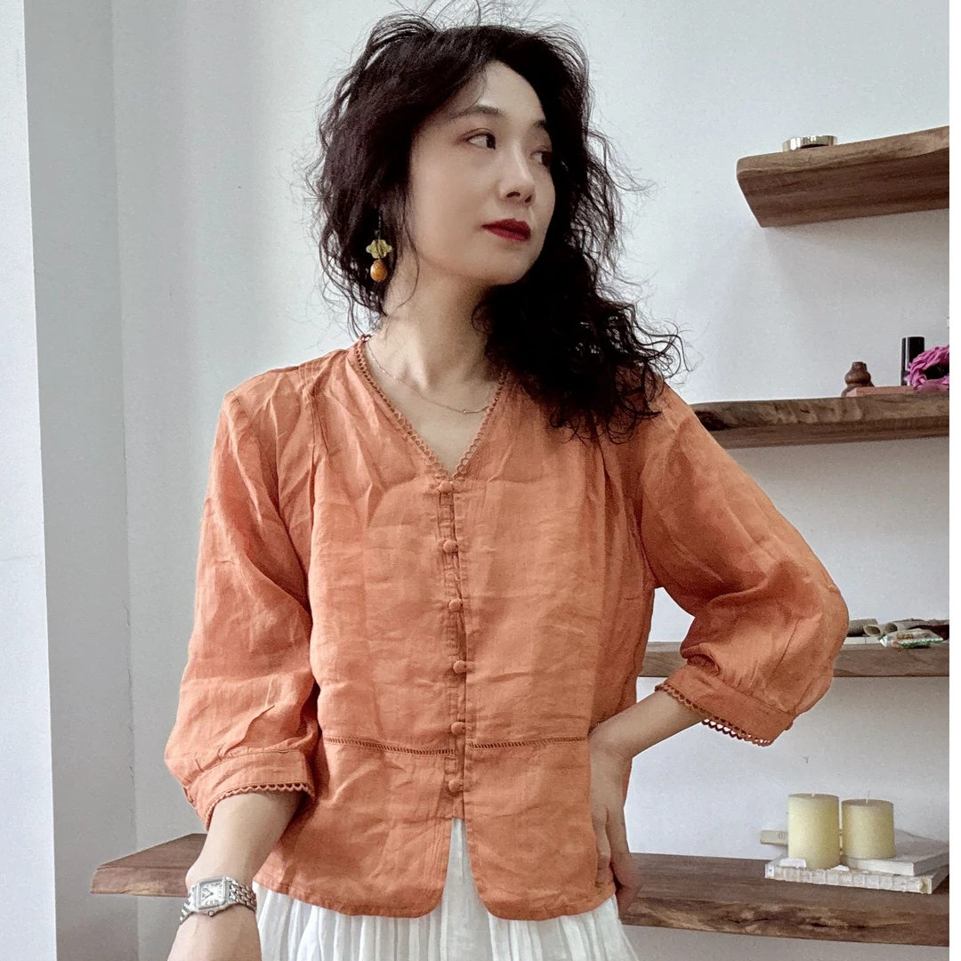 夏款宽松女装休闲风苎麻小衫V领褶皱休闲纽扣衬衫国风显瘦七分袖