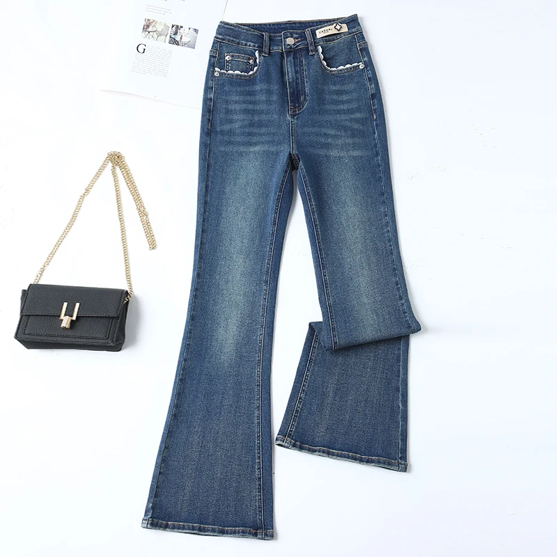 浪漫有约，蕾丝花边微喇裤宽松阔腿直筒牛仔裤女显瘦韩版百搭点缀