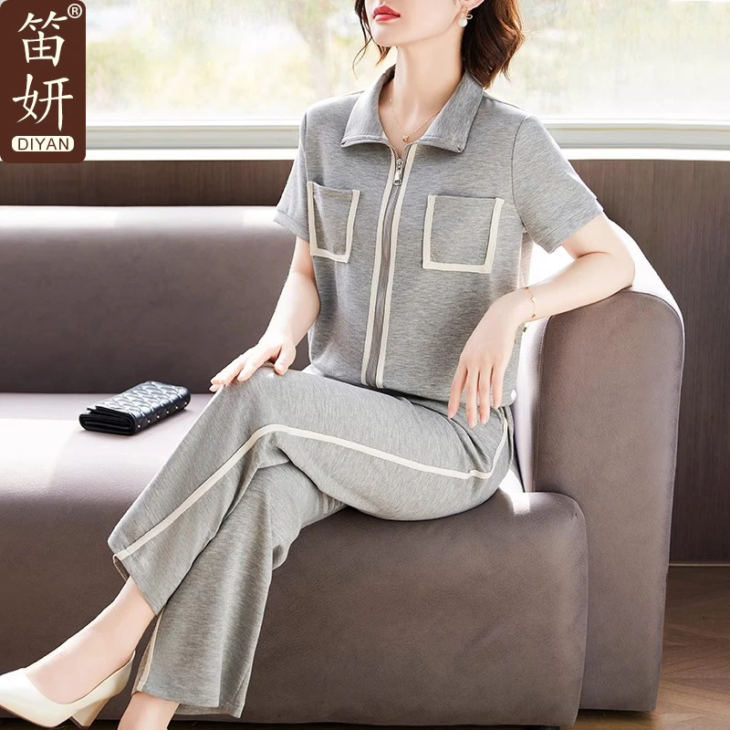 品牌妈妈夏装薄款运动服套装中老年女装翻领短袖T恤上衣服两件套
