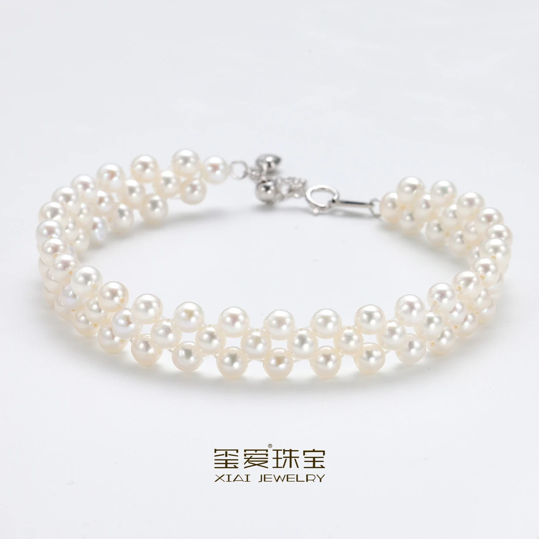 【七天鉴赏期】玺爱珠宝MM-51151 S925银淡水编织手链 3.5-4.5mm