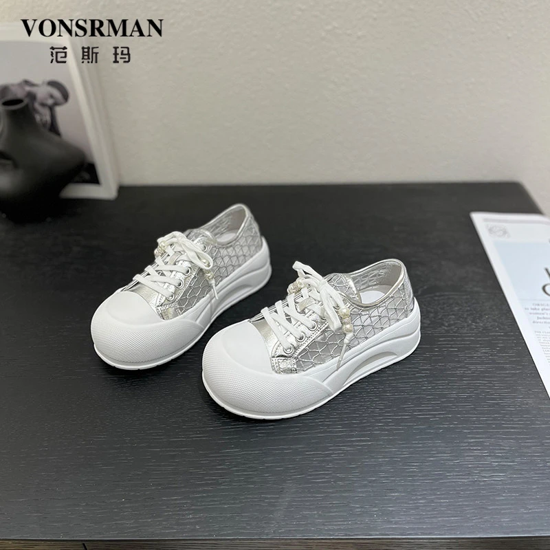 2025夏季新款6cm松糕底珍珠水钻编织系带厚底小白鞋凉鞋休闲女鞋