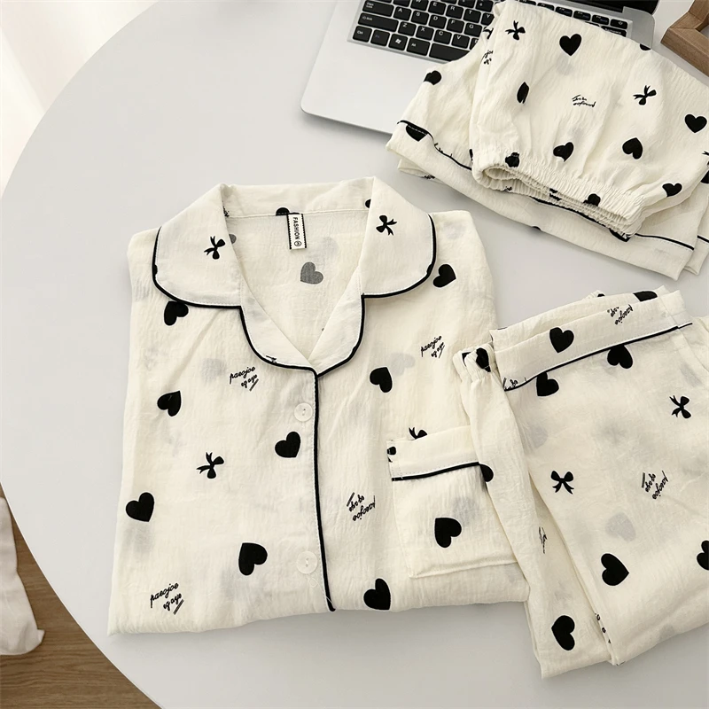 三件套韩系爱心睡衣女夏季云朵棉短袖简约网红ins风春秋天家居服