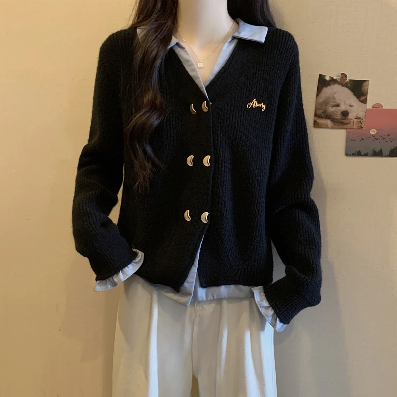 大码女装遮肚子假两件设计感毛衣女秋冬胖妹妹宽松显瘦针织打底衫