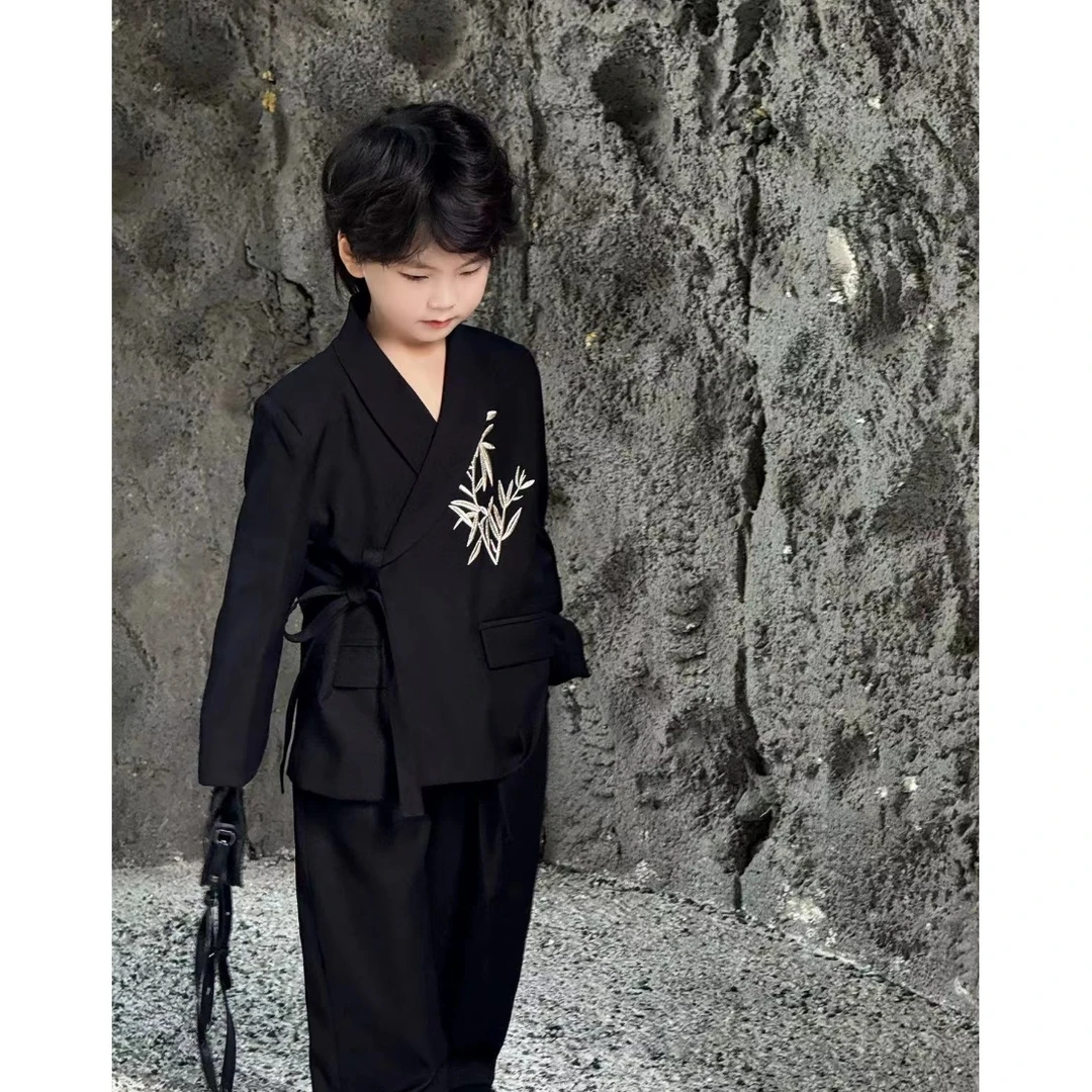 【默默】竹烟波月刺绣西装外套休闲国风男童中式套装10622