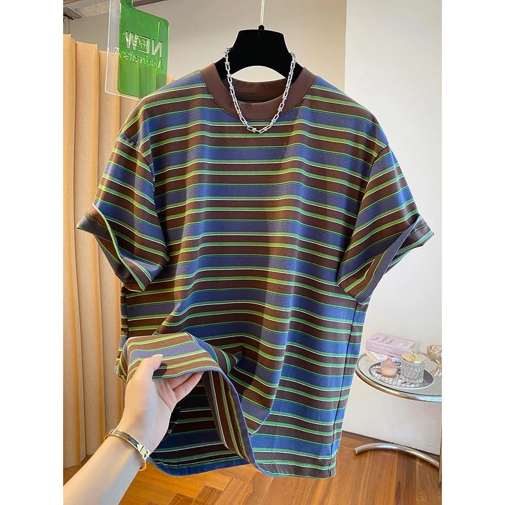 大码300斤美式复古条纹t恤短袖夏季男款韩版宽松显瘦圆领套头上衣