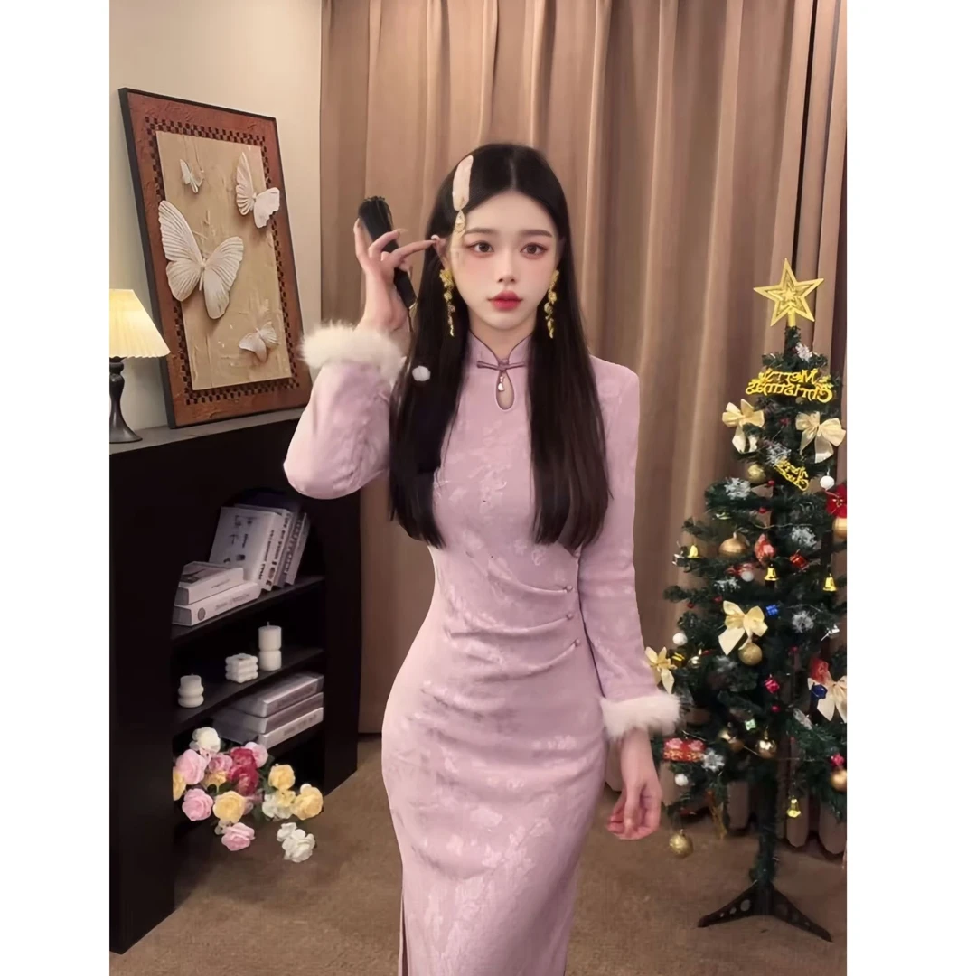【紫黛】浅紫色新中式加厚旗袍裙冬新款加绒少女风修身连衣裙有弹力