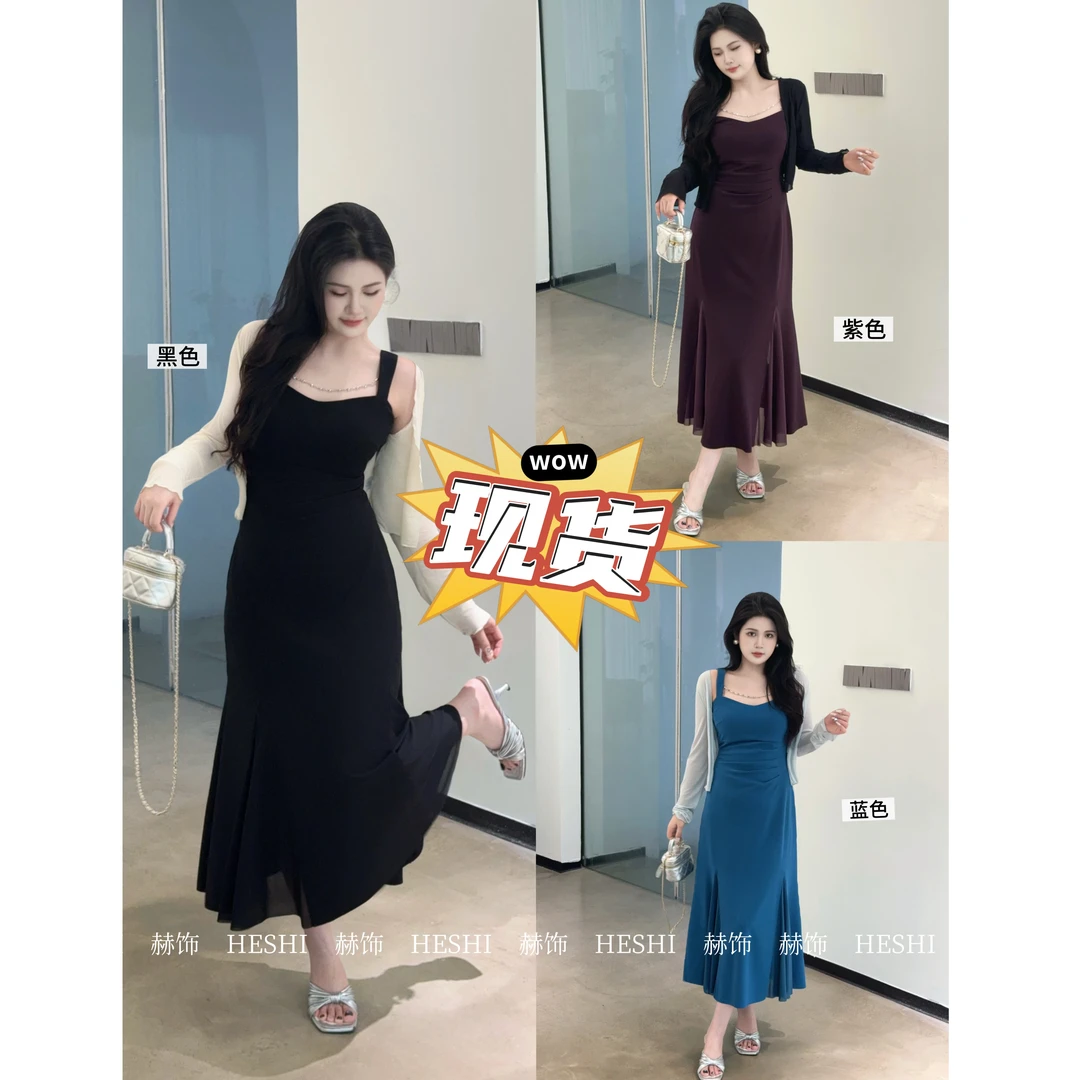 今晚发【嘎嘎】胖mm初秋显瘦收腰气质设计感开衫网纱连衣裙07030D