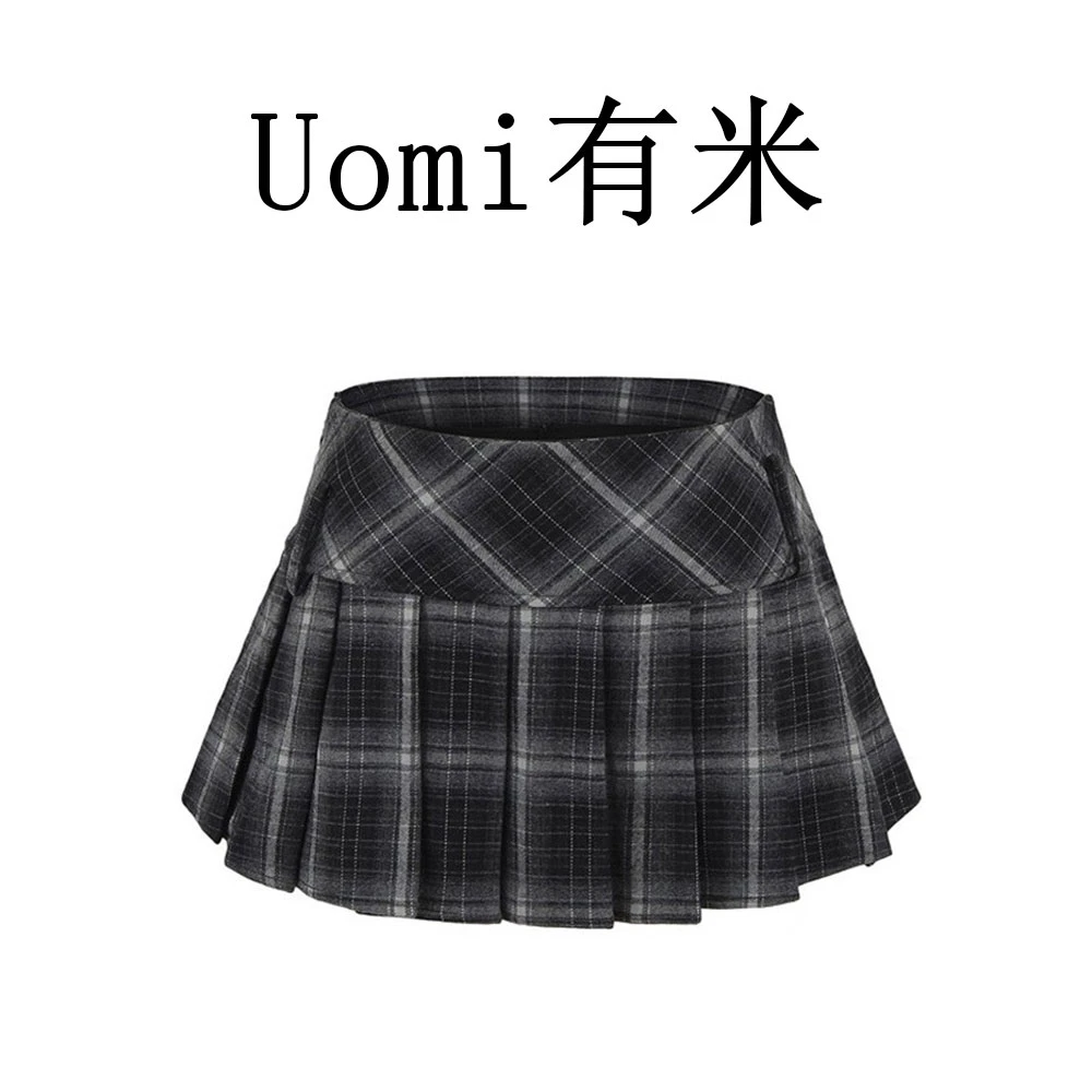2025春秋美式复古学院风修身高腰显瘦防走光A字格纹百褶裙半身裙