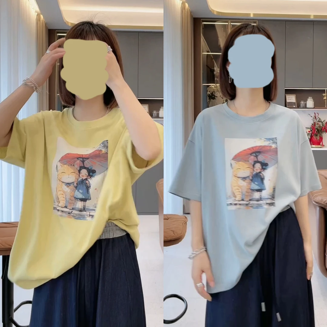 【治愈猫咪】2025年夏款圆领猫女孩雪花百搭短袖T恤女宽松印花卡通