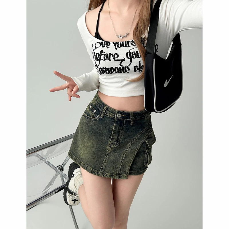 复古气质牛仔半身裙裤裙女设计感小众不规则大口袋辣妹牛仔短裙潮