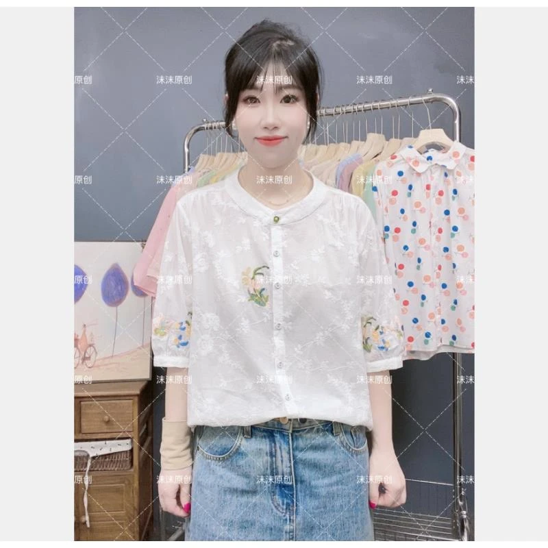 沫沫原创  夏季新款文艺立领刺绣中袖百搭衬衫绣花气质新中式衬衣