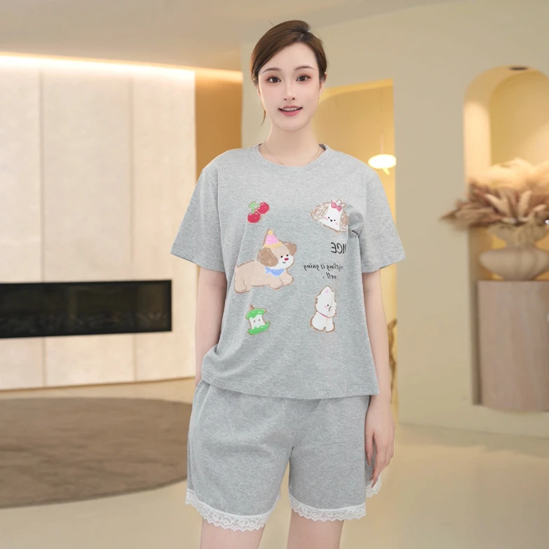 芬腾女士薄款夏季短袖睡衣家居服套装印花cleanfit风