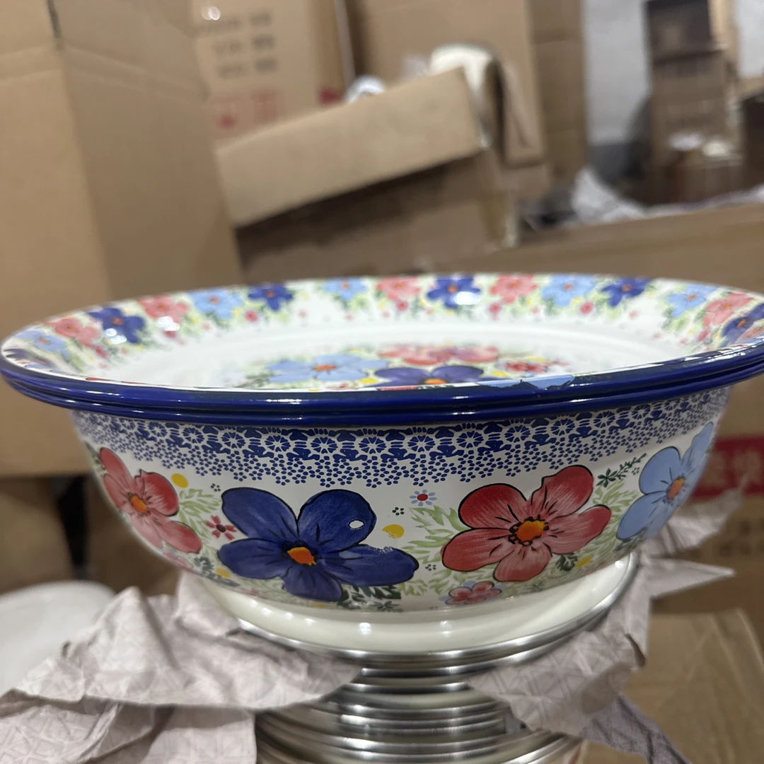 30公分加厚蓝色盛夏珐琅搪瓷和面盆一套，带茶盘