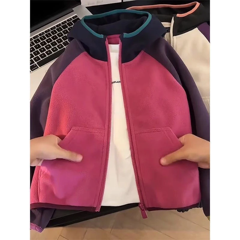 女童春秋抓绒外套冬季校服神器2025上衣拼色连帽中大童摇粒绒外套