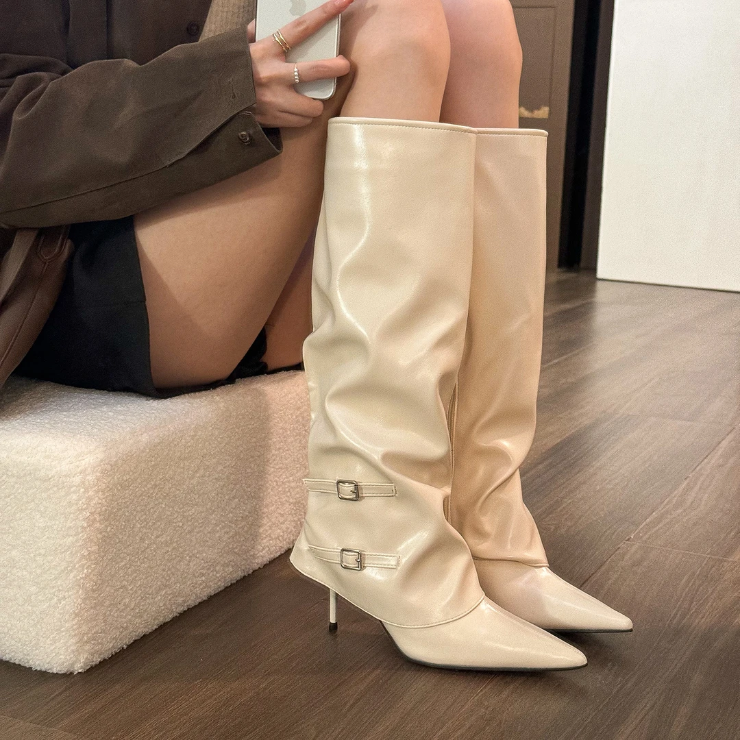 elingstudio 高级辣妹！米白色尖头高跟裤管靴女秋冬不过膝长靴女
