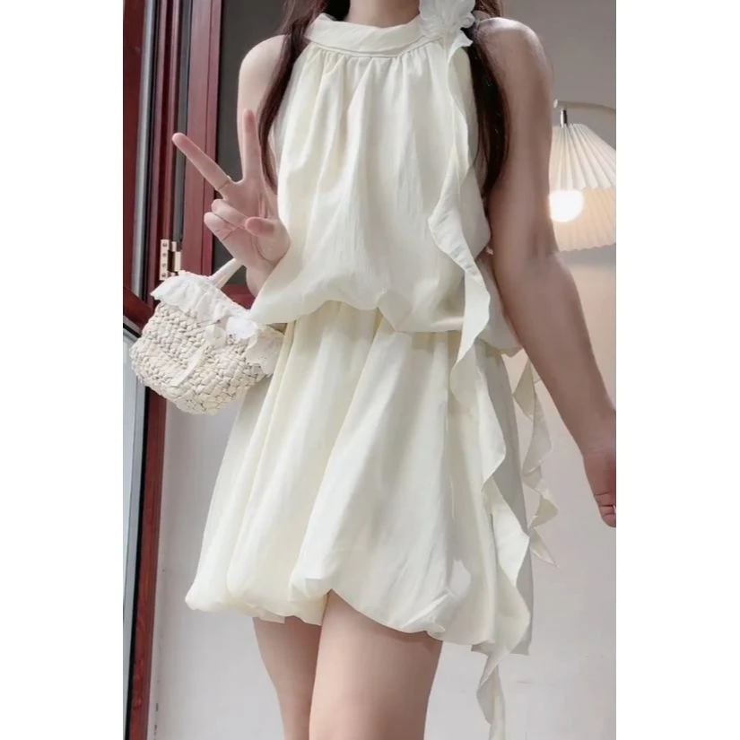 夏日新品法式气质甜美无袖设计感飘带上衣搭配花苞半身裙简约套装