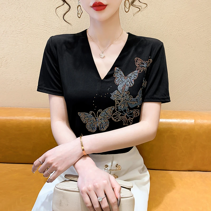 【夏季福利】V领蝴蝶修身打底衫女装重工烫钻短袖T恤洋气上衣2248
