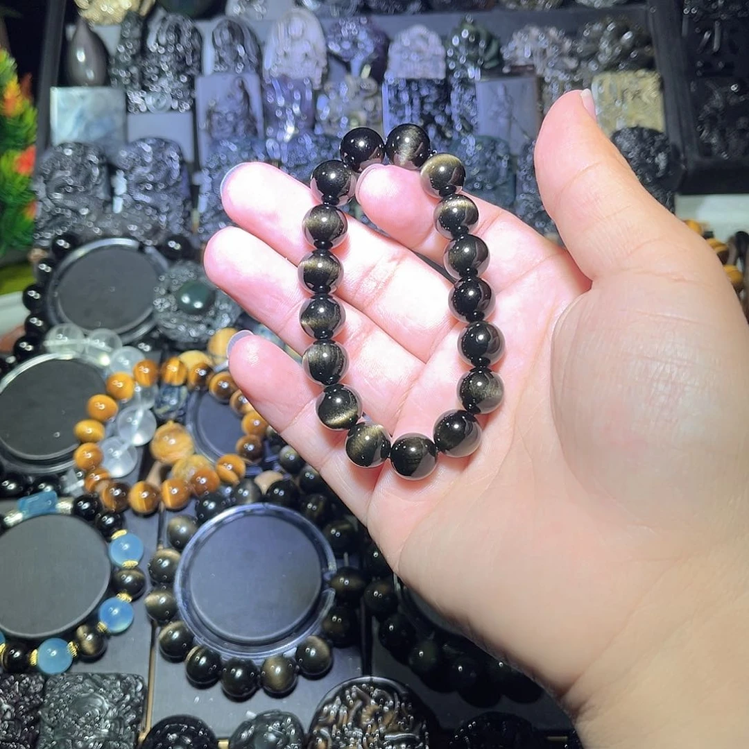 黑曜岩未镶嵌手串&****&金曜石10m猫眼换12m猫眼差价