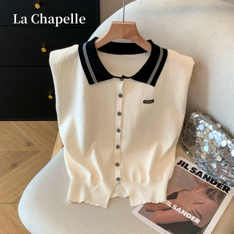 拉夏贝尔韩系学院风甜美减龄Polo领无袖坎肩背心显瘦上衣夏秋季女