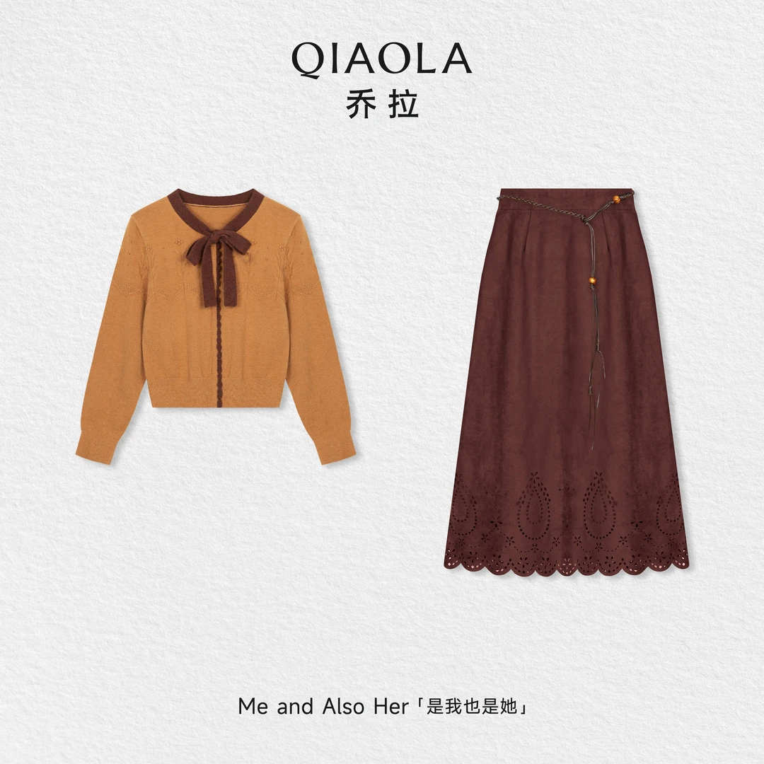 QIAOLA/乔拉【焦糖太妃】秋冬仿麂皮镂空刺绣高腰长裙撞色设计上衣