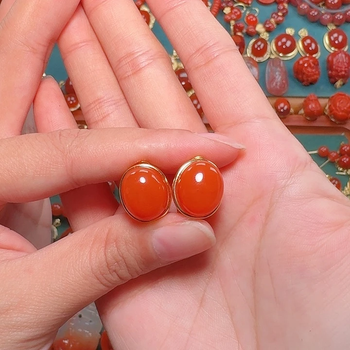 南红玛瑙银S925镶嵌耳饰