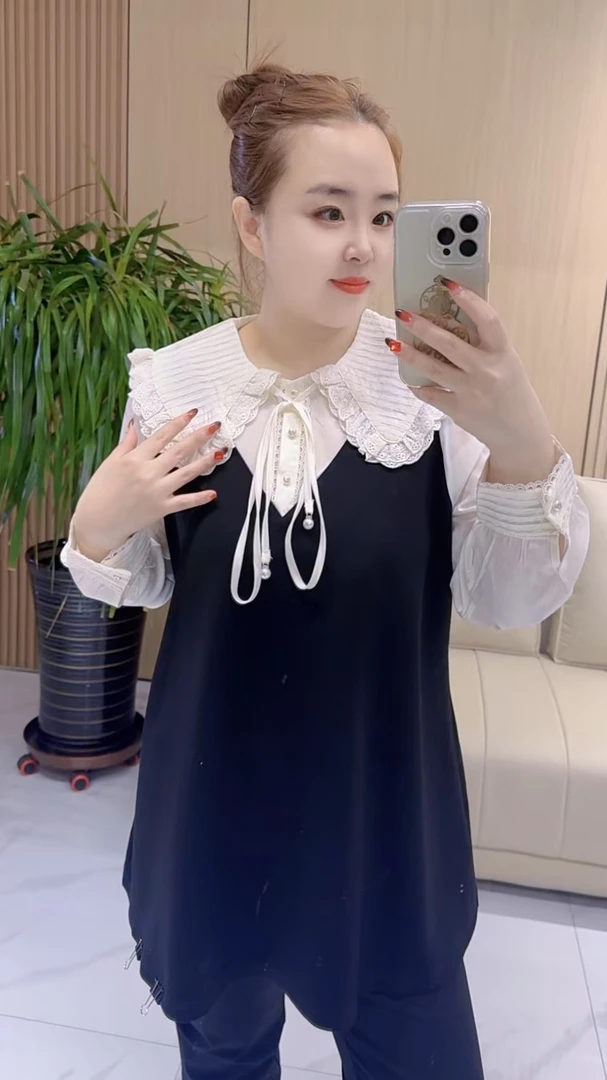 【聪姐推荐】24240时尚欧货娃娃领假两件T桖（衣长74，胸围130）