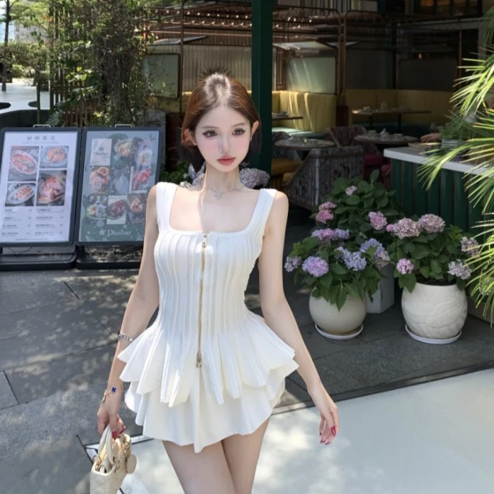 双拉链白色方领针织吊带背心女夏季修身无袖短款上衣花苞裤裙套装