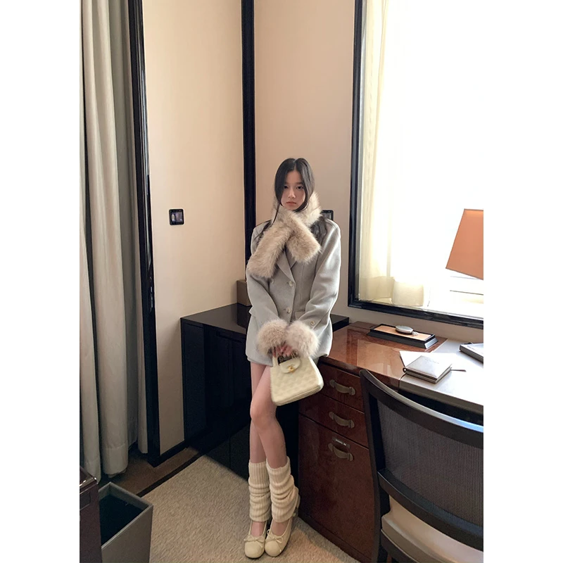 王少女的店 灰蓝色西装领毛呢外套短裙套装冬季新年战袍S29319S44