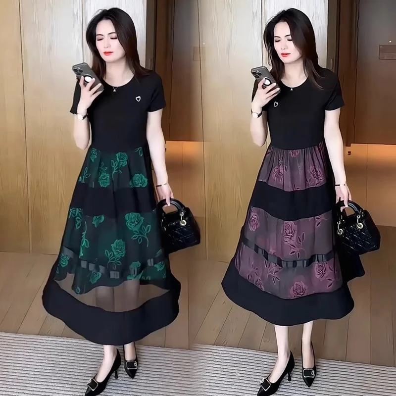 网红连衣裙女2025夏季新款洋气显瘦拼接中长款假两件短袖网纱裙潮