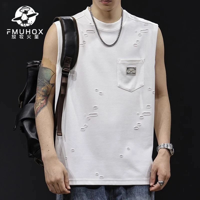 @放牧火星 肌理感破洞背心男t恤坎肩男2025新款夏季无袖运动健身